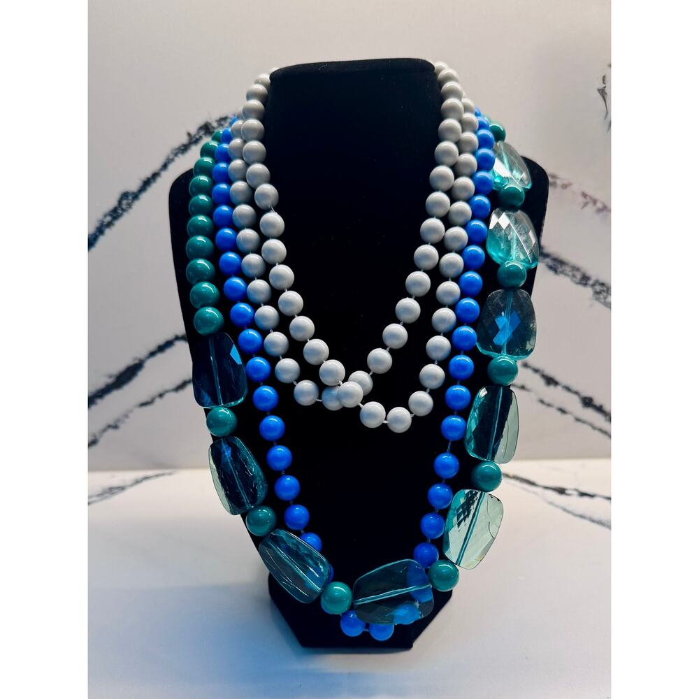 Chunky Blue Aqua Layered Statement Necklace Multi Strand Beaded Bib